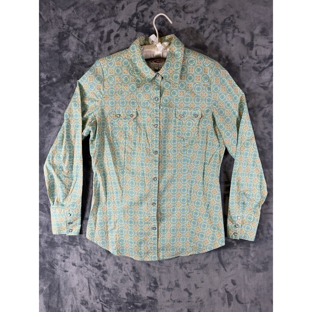 Roper Women Western Blouse XL Turquoise Medallion Print Pearl Snap Long Sleeve